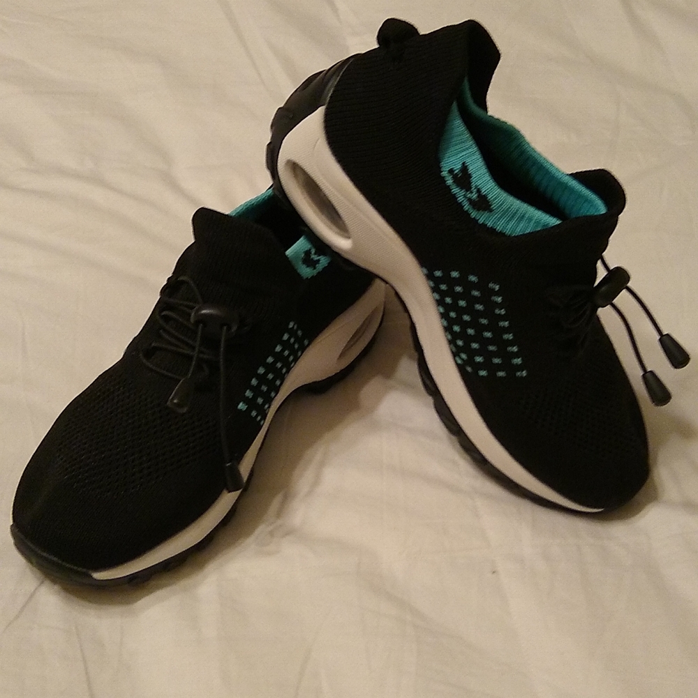Casual tennis shoes, Black, Turquoise, White, Size 38, Size 7.5